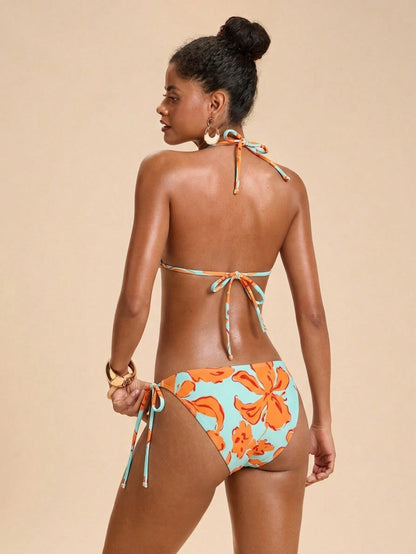 Travachic Women's Summer Beach Floral Print Halter Tie Sexy Tropical Fashion Bikini Two-Piece Swimsuit Set Orange