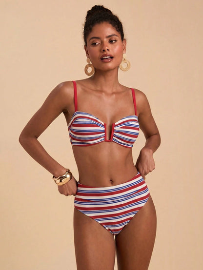 Travachic Women's Summer Beach Striped Colorblock Spaghetti Strap Bikini Top And Triangle Bottom Two-Piece Swimsuit Set