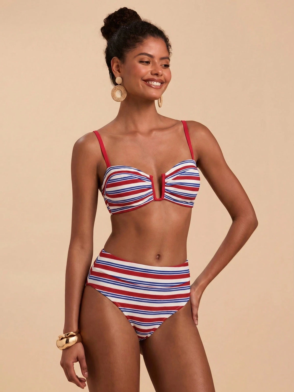 Travachic Women's Summer Beach Striped Colorblock Spaghetti Strap Bikini Top And Triangle Bottom Two-Piece Swimsuit Set