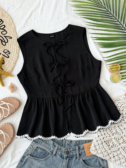 Travachic Women's Summer Casual Woven Strap Decor Lace-Up Camisole,Summer Top