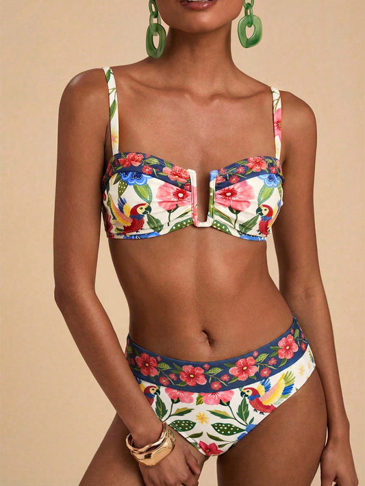Travachic Women's Tropical Print Swimwear Set For Beach Vacation Summer Bikini Bathing Suits