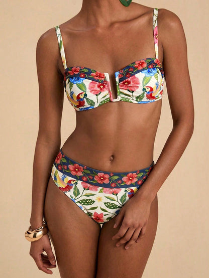 Travachic Women's Tropical Print Swimwear Set For Beach Vacation Summer Bikini Bathing Suits