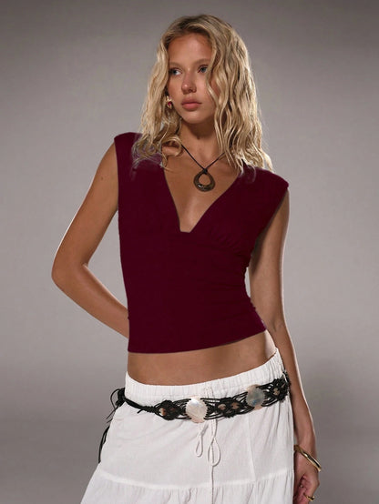 TRNVIE Women Deep V Neck Casual Tight Fitted Tops, Spring/Summer