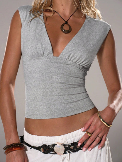 TRNVIE Women Deep V Neck Casual Tight Fitted Tops, Spring/Summer