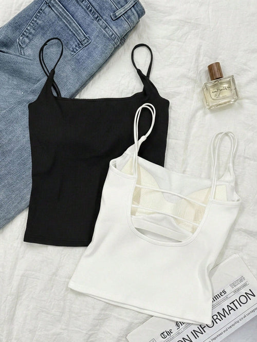 Tseoso 2 Packs Camisole Tops With Built-In Padded Bra,Black And White Ribbed Tank Top,Summer Basic Everyday Versatile Comfortable Stylish Cami For Women