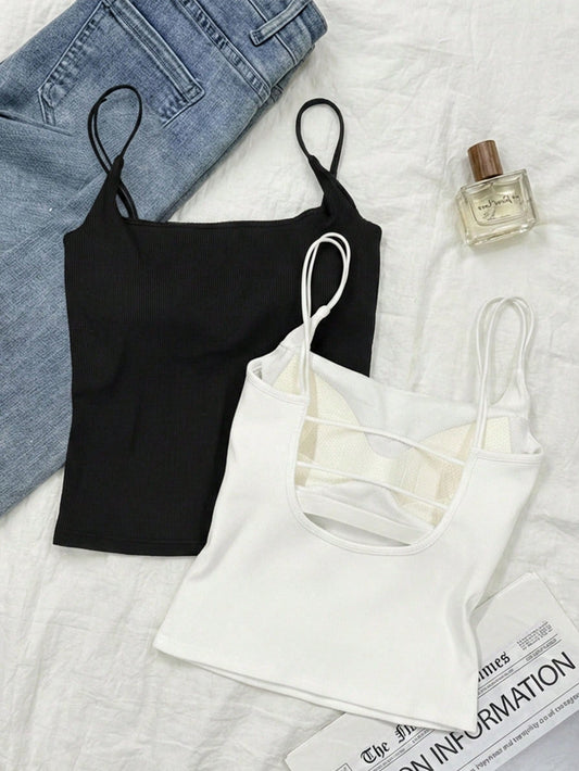 Tseoso 2 Packs Camisole Tops With Built-In Padded Bra,Black And White Ribbed Tank Top,Summer Basic Everyday Versatile Comfortable Stylish Cami For Women