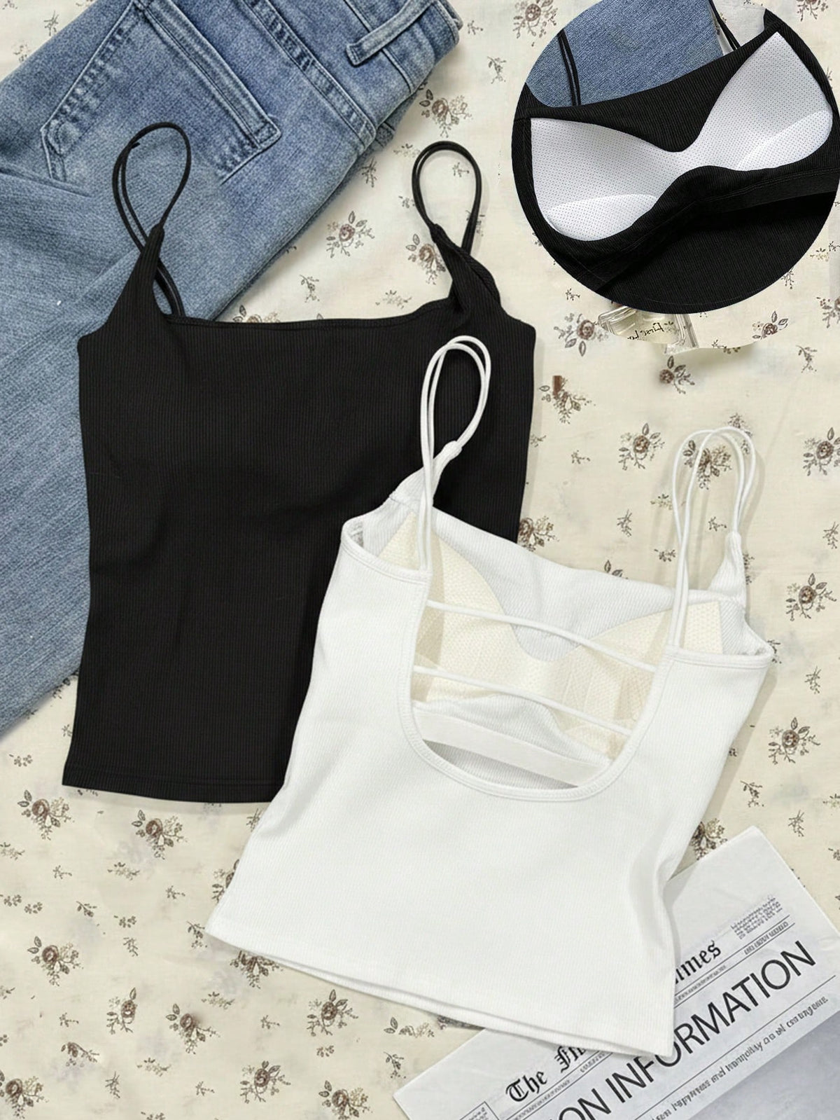 Tseoso 2 Packs Camisole Tops With Built-In Padded Bra,Black And White Ribbed Tank Top,Summer Basic Everyday Versatile Comfortable Stylish Cami For Women