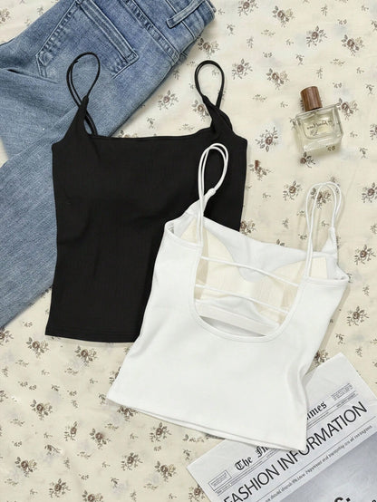 Tseoso 2 Packs Camisole Tops With Built-In Padded Bra,Black And White Ribbed Tank Top,Summer Basic Everyday Versatile Comfortable Stylish Cami For Women