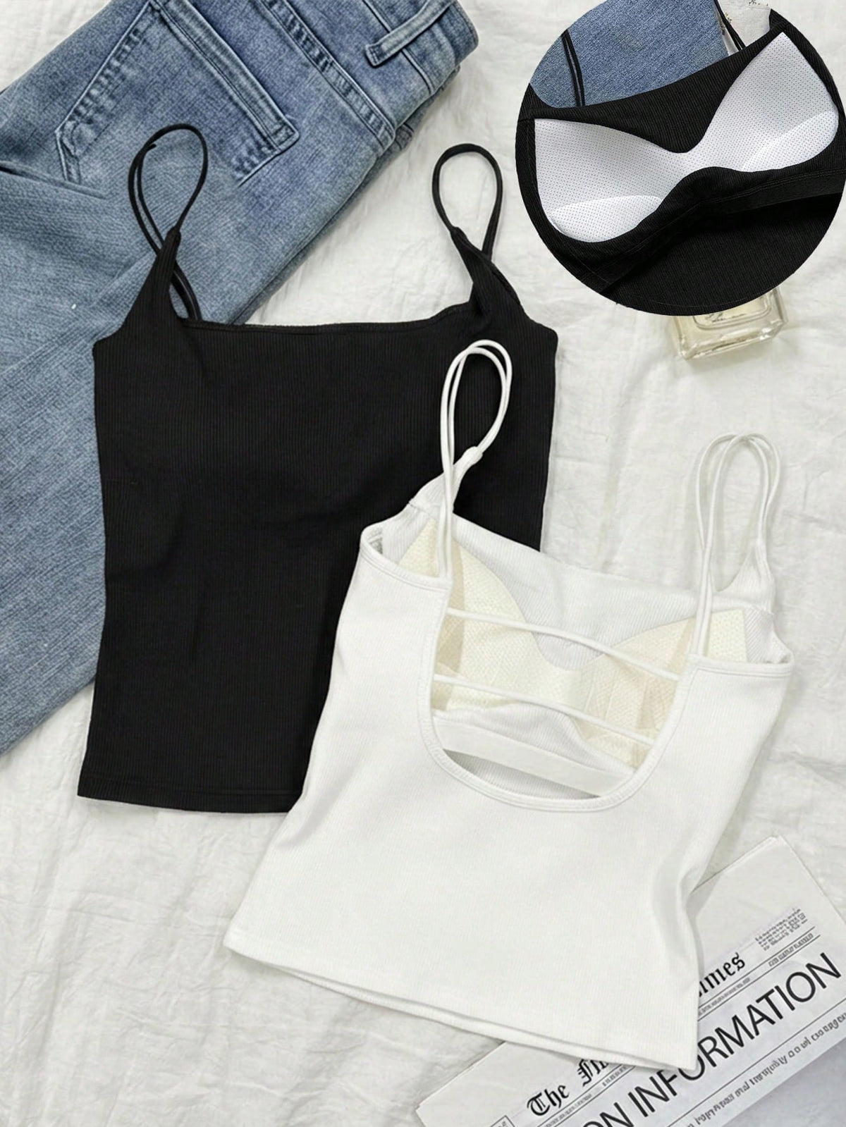 Tseoso 2 Packs Camisole Tops With Built-In Padded Bra,Black And White Ribbed Tank Top,Summer Basic Everyday Versatile Comfortable Stylish Cami For Women