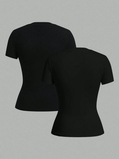 Tseoso 2pcs Black Short Sleeve T-Shirt Set, Casual & Simple, Suitable For Autumn, Winter, Spring & Summer, 95% Cotton, Versatile