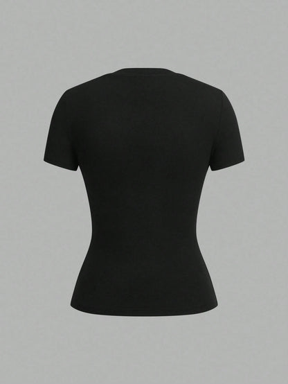 Tseoso 2pcs Black Short Sleeve T-Shirt Set, Casual & Simple, Suitable For Autumn, Winter, Spring & Summer, 95% Cotton, Versatile