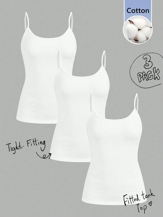 Tseoso 3pcs Casual Minimalist White Pure Cotton Camisole Fitted Tank Top, Suitable For Spring And Summer, Versatile Style