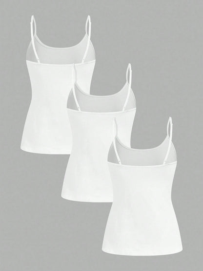 Tseoso 3pcs Casual Minimalist White Pure Cotton Camisole Fitted Tank Top, Suitable For Spring And Summer, Versatile Style