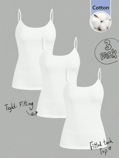 Tseoso 3pcs Casual Minimalist White Pure Cotton Camisole Fitted Tank Top, Suitable For Spring And Summer, Versatile Style