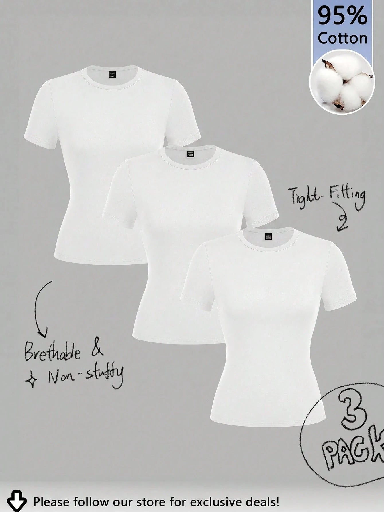 Tseoso 3pcs/Set Casual Minimalist 95% Cotton Women's Crew Neck Fitted Long Length Short Sleeve T-Shirt Set Suitable For Summer