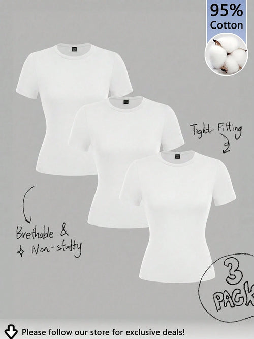 Tseoso 3pcs/Set Casual Minimalist 95% Cotton Women's Crew Neck Fitted Long Length Short Sleeve T-Shirt Set Suitable For Summer