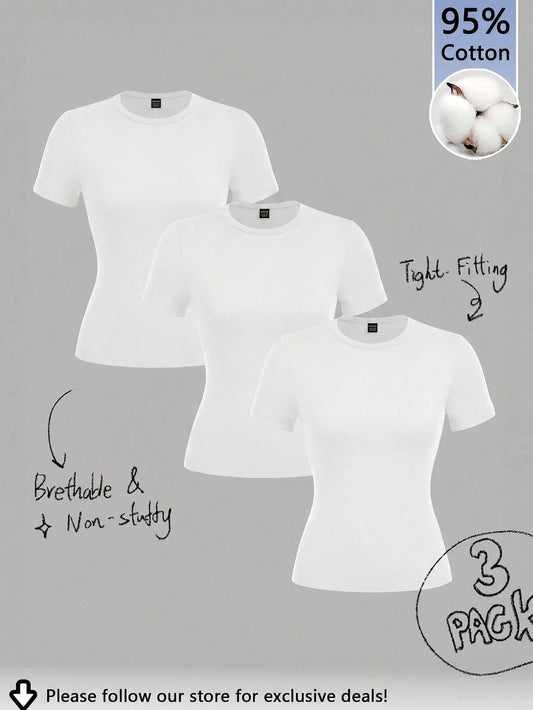 Tseoso 3pcs/Set Casual Minimalist 95% Cotton Women's Crew Neck Fitted Long Length Short Sleeve T-Shirt Set Suitable For Summer