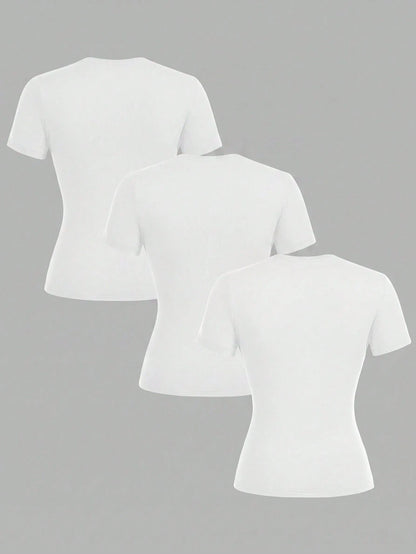 Tseoso 3pcs/Set Casual Minimalist 95% Cotton Women's Crew Neck Fitted Long Length Short Sleeve T-Shirt Set Suitable For Summer
