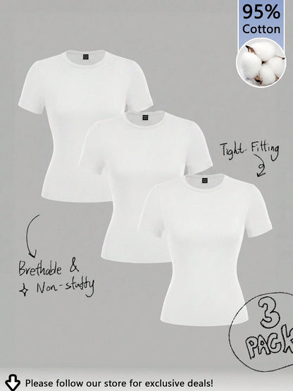 Tseoso 3pcs/Set Casual Minimalist 95% Cotton Women's Crew Neck Fitted Long Length Short Sleeve T-Shirt Set Suitable For Summer