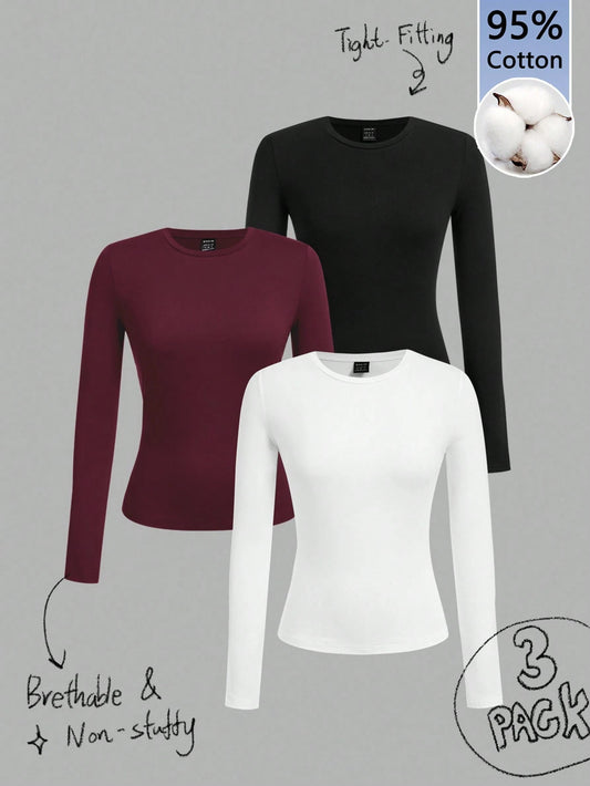 Tseoso 3pcs Women's Crew Neck Casual Fitted Long Sleeve T-Shirt Set, 95% Cotton, Black/Burgundy/Red