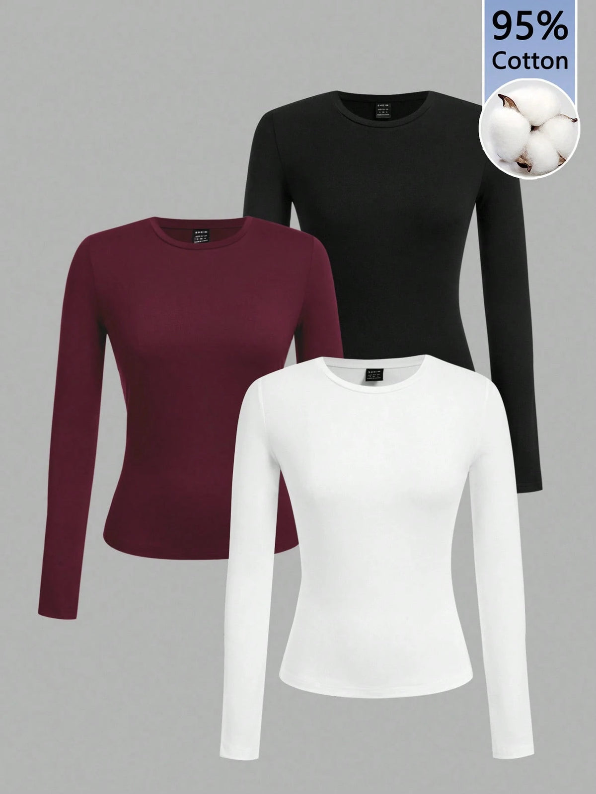 Tseoso 3pcs Women's Crew Neck Casual Fitted Long Sleeve T-Shirt Set, 95% Cotton, Black/Burgundy/Red