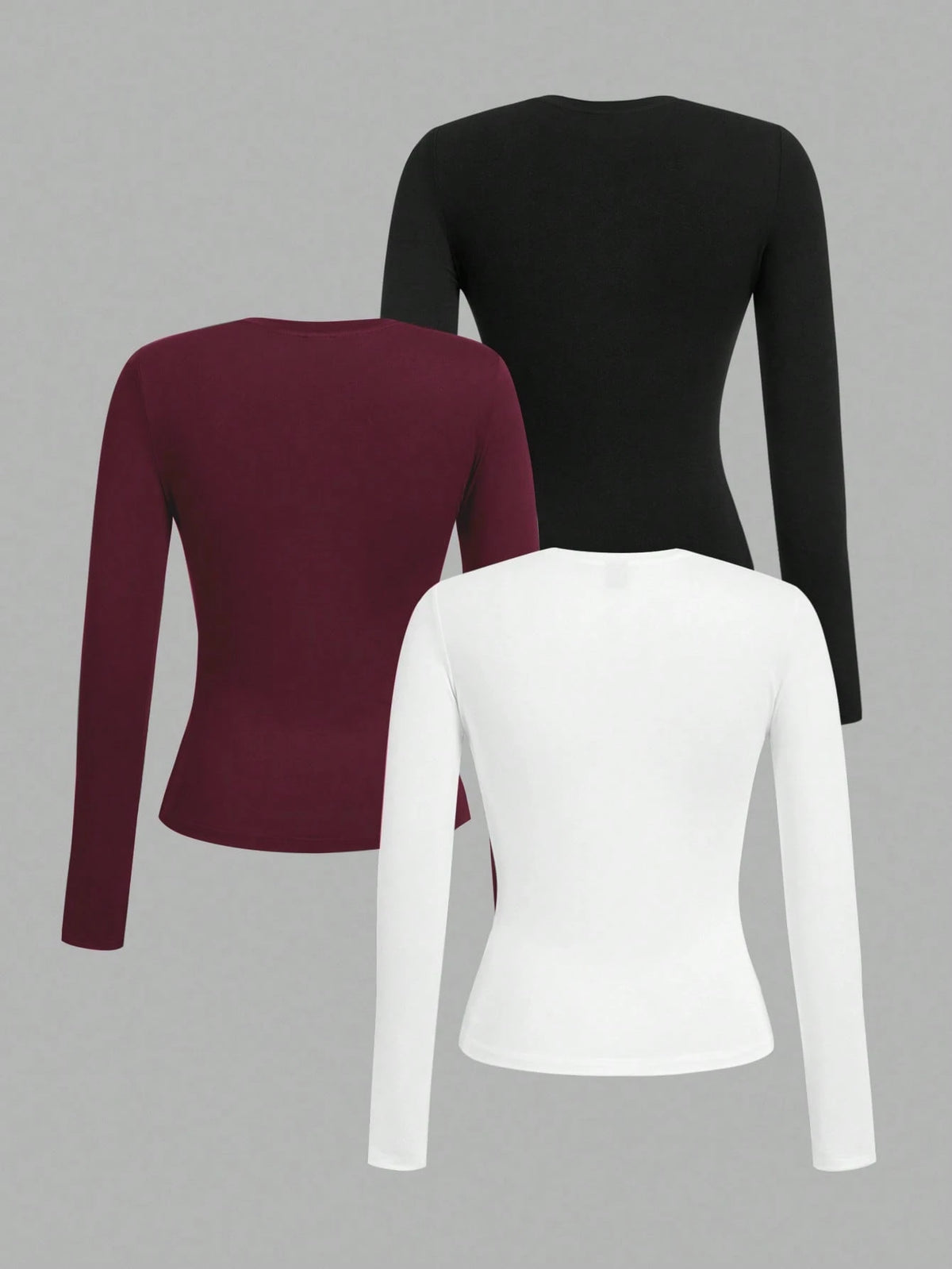 Tseoso 3pcs Women's Crew Neck Casual Fitted Long Sleeve T-Shirt Set, 95% Cotton, Black/Burgundy/Red