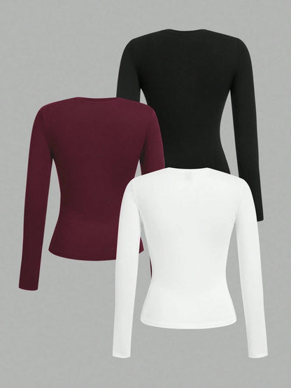 Tseoso 3pcs Women's Crew Neck Casual Fitted Long Sleeve T-Shirt Set, 95% Cotton, Black/Burgundy/Red