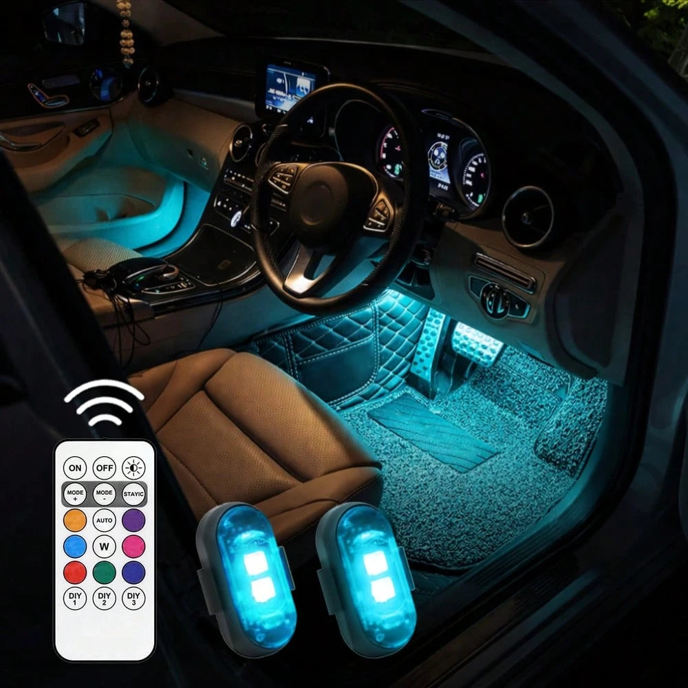 Tutu Car Led Light Set Of 2 Rechargeable RGB Car Footwell Lights Wireless Remote Control LED Accent Lamps 8 Colors 10 Modes No Wiring Waterproof Under Dash Front Seat Floor Glow For Compact Car Sedan
