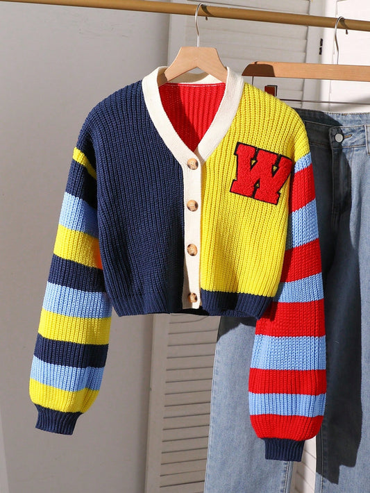 Tween Girl Colorblock Striped Knit Cardigan,Short & Minimalist Sweet & Cool Letterman Sweater,Navy Blue,Autumn,Casual,School,Back-To-School Y2k Craft