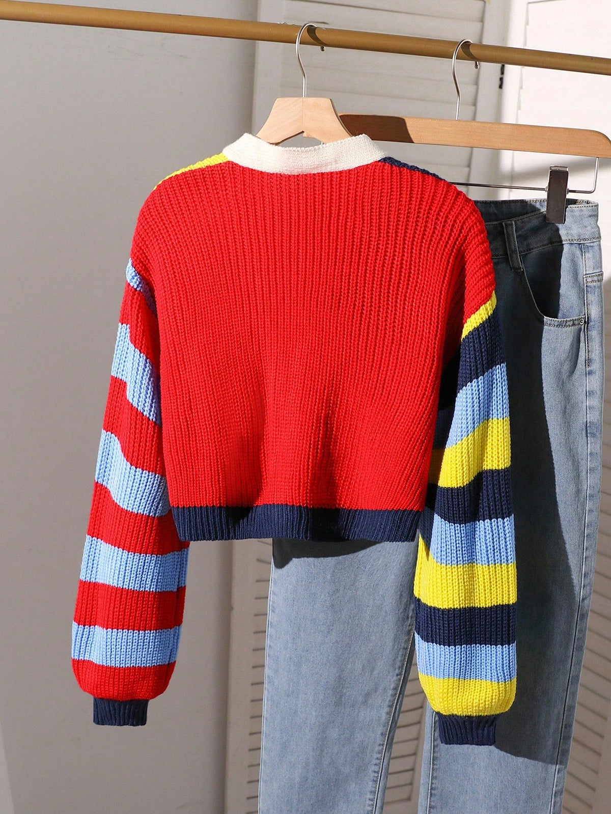 Tween Girl Colorblock Striped Knit Cardigan,Short & Minimalist Sweet & Cool Letterman Sweater,Navy Blue,Autumn,Casual,School,Back-To-School Y2k Craft