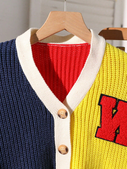 Tween Girl Colorblock Striped Knit Cardigan,Short & Minimalist Sweet & Cool Letterman Sweater,Navy Blue,Autumn,Casual,School,Back-To-School Y2k Craft