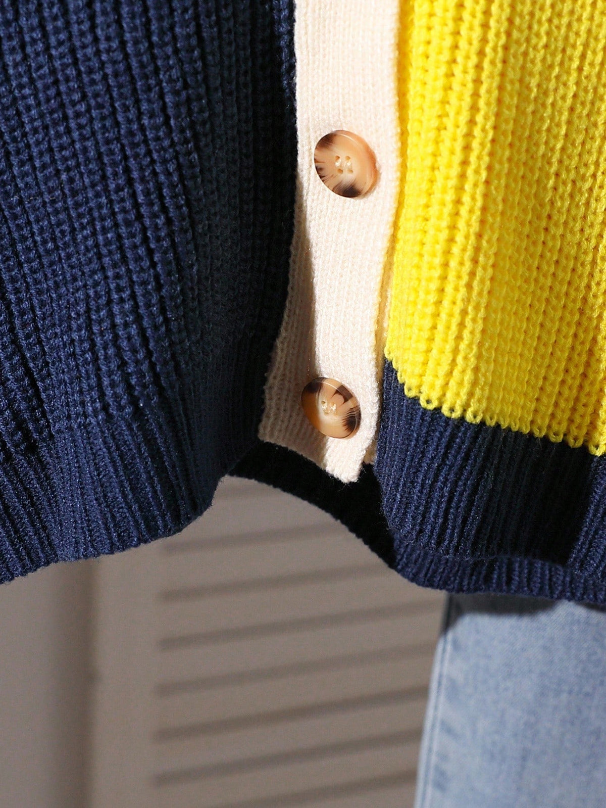 Tween Girl Colorblock Striped Knit Cardigan,Short & Minimalist Sweet & Cool Letterman Sweater,Navy Blue,Autumn,Casual,School,Back-To-School Y2k Craft