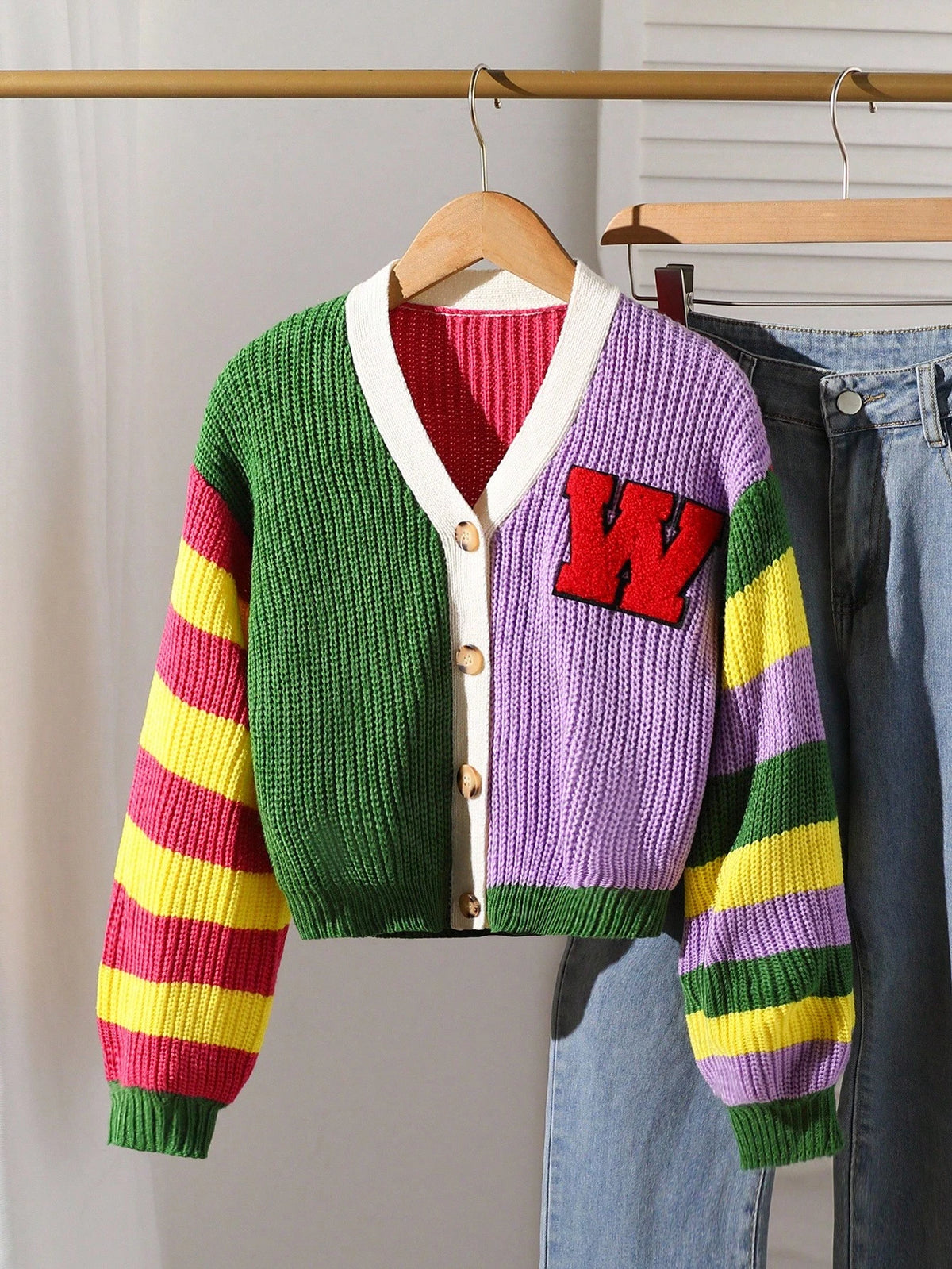 Tween Girl Colorblock Striped Knit Cardigan,Short & Minimalist Sweet & Cool Letterman Sweater,Navy Blue,Autumn,Casual,School,Back-To-School Y2k Craft