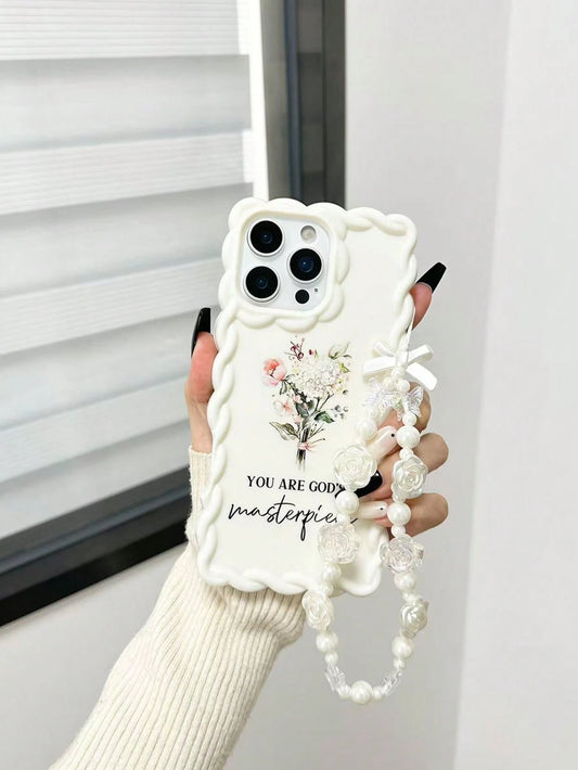 Twist Wave Edge Minimalist Premium TPU Floral Letter Painted Shockproof Phone Case Protective Cover With Beaded Bracelet Accessory Compatible With IPhone 17pro/17Air/17/17promax 16/11/16pro/16plus/16p