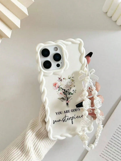 Twist Wave Edge Minimalist Premium TPU Floral Letter Painted Shockproof Phone Case Protective Cover With Beaded Bracelet Accessory Compatible With IPhone 17pro/17Air/17/17promax 16/11/16pro/16plus/16p