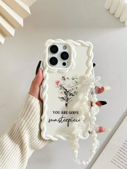 Twist Wave Edge Minimalist Premium TPU Floral Letter Painted Shockproof Phone Case Protective Cover With Beaded Bracelet Accessory Compatible With IPhone 17pro/17Air/17/17promax 16/11/16pro/16plus/16p