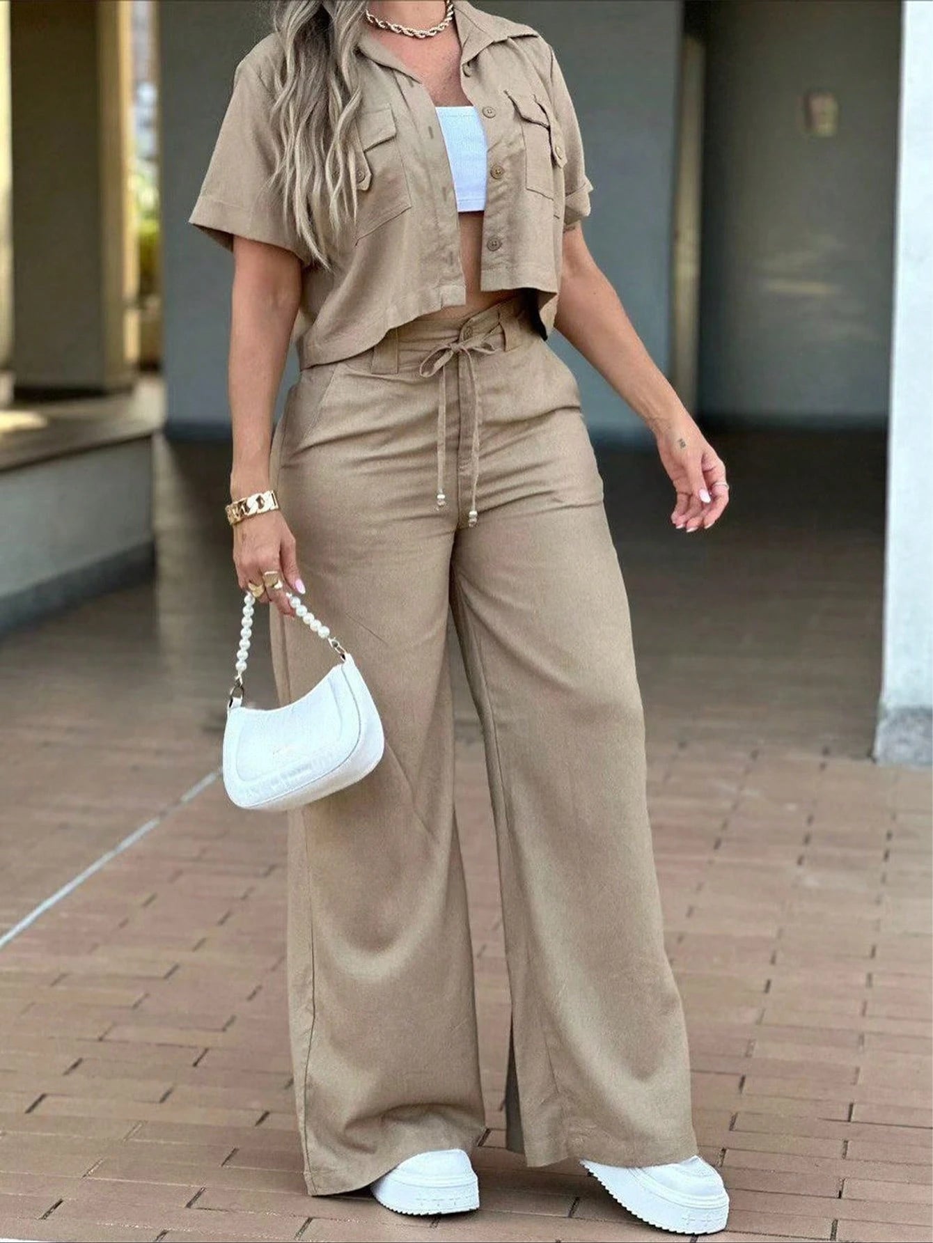 Two Pieces Set Spring/Summer Women's Fashion Solid-Color Casual Set Lapel Front-Button Pocket Short-Sleeve Top High-Waisted Button-Up Zipper Straight-Leg Pants Two Pieces Set Elegant