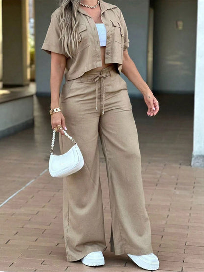 Two Pieces Set Spring/Summer Women's Fashion Solid-Color Casual Set Lapel Front-Button Pocket Short-Sleeve Top High-Waisted Button-Up Zipper Straight-Leg Pants Two Pieces Set Elegant
