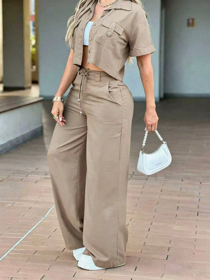 Two Pieces Set Spring/Summer Women's Fashion Solid-Color Casual Set Lapel Front-Button Pocket Short-Sleeve Top High-Waisted Button-Up Zipper Straight-Leg Pants Two Pieces Set Elegant