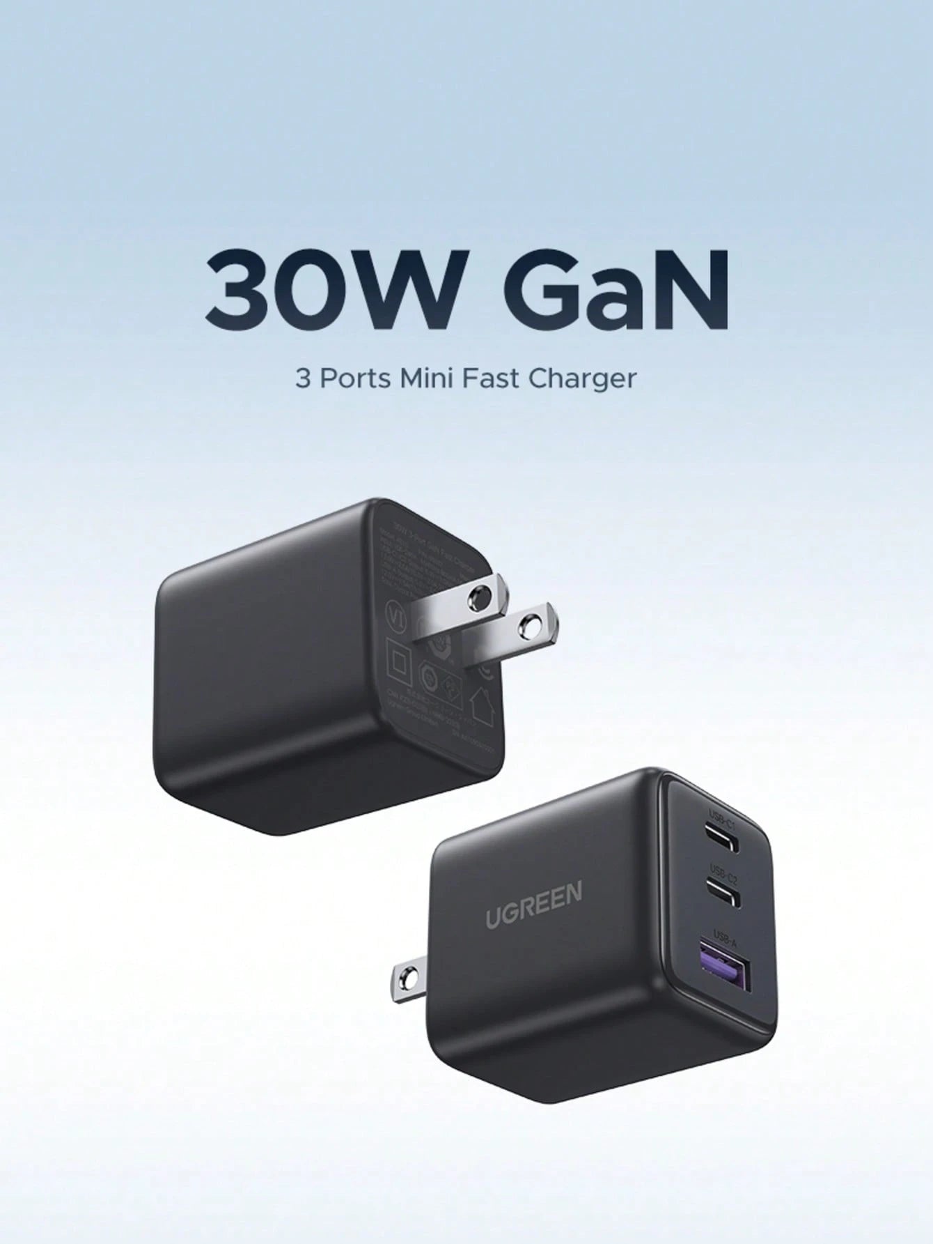 UGREEN 30W GaN PD Multi-Port Type-C USB-A Fast Charger, Compatible With IPhone 16/15/14 Pro Max, Suitable For Travel, Office, Dorm And Home Use, Supports GaN Fast Charging, High Output Power