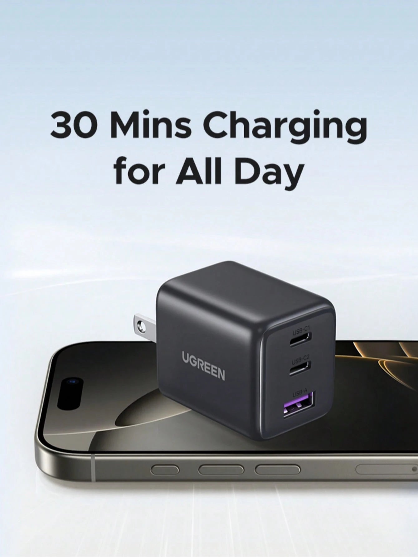 UGREEN 30W GaN PD Multi-Port Type-C USB-A Fast Charger, Compatible With IPhone 16/15/14 Pro Max, Suitable For Travel, Office, Dorm And Home Use, Supports GaN Fast Charging, High Output Power