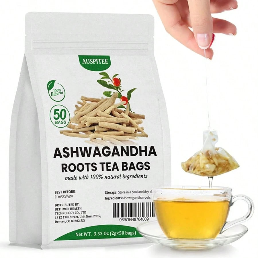 ULTHMOK Premium Ashwagandha Root Tea, Natural Ashwagandha 2.5gx50 Packs, Natural Herbal Drink, Herbal Tea, Health Food, Free Of Additives And Caffeine.