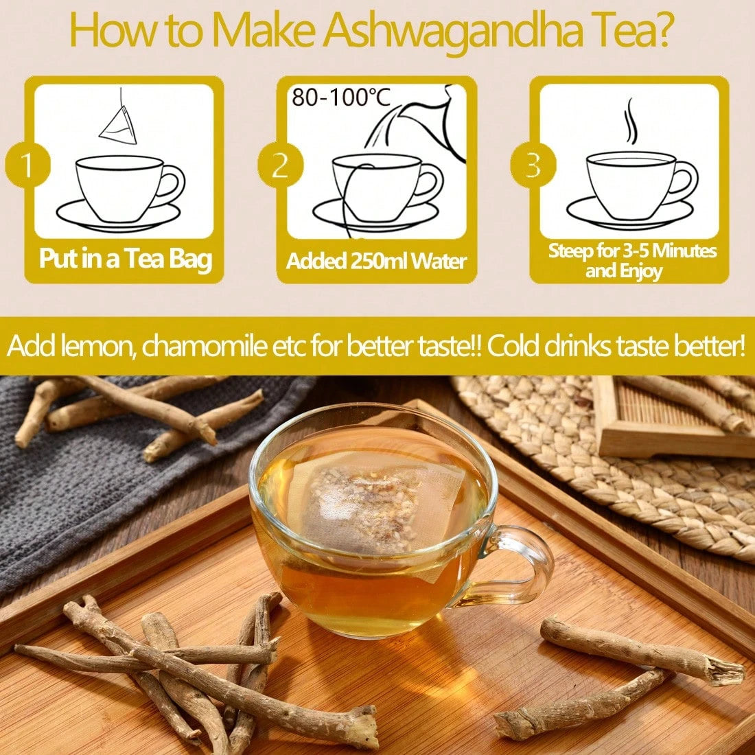 ULTHMOK Premium Ashwagandha Root Tea, Natural Ashwagandha 2.5gx50 Packs, Natural Herbal Drink, Herbal Tea, Health Food, Free Of Additives And Caffeine.