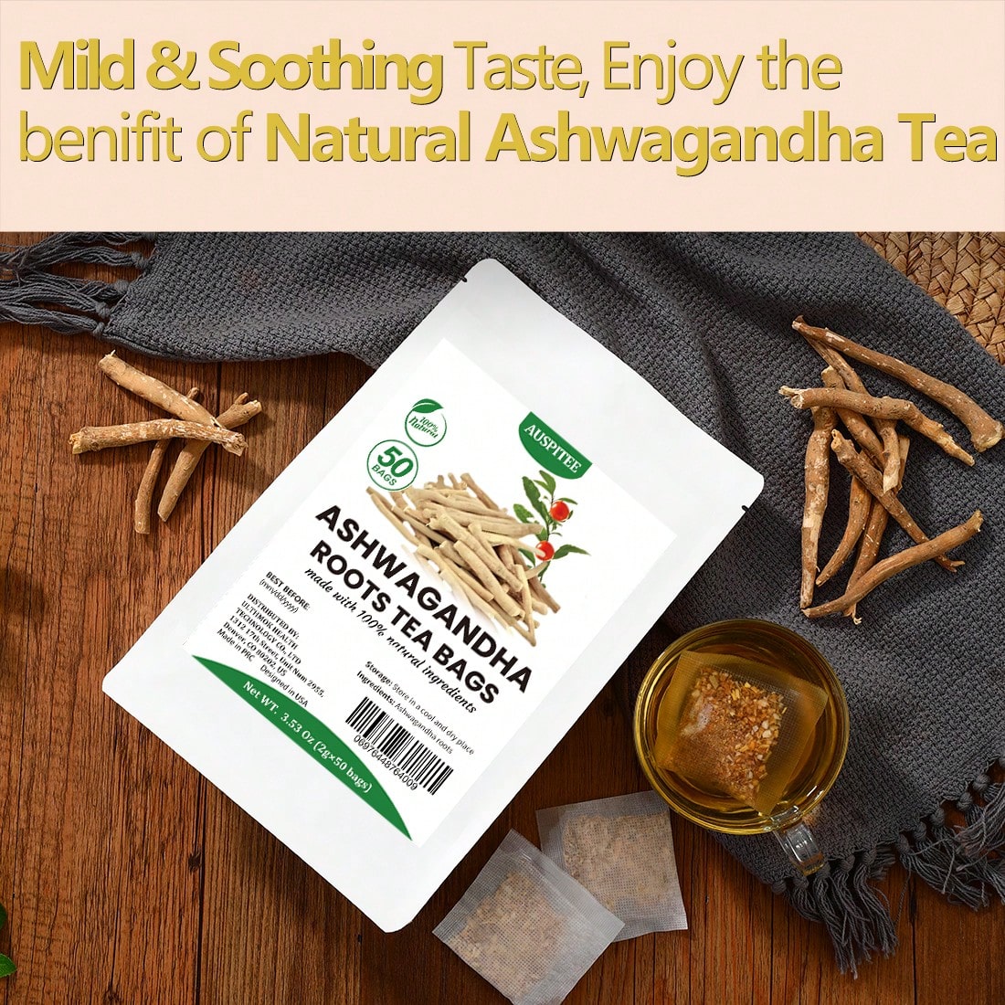 ULTHMOK Premium Ashwagandha Root Tea, Natural Ashwagandha 2.5gx50 Packs, Natural Herbal Drink, Herbal Tea, Health Food, Free Of Additives And Caffeine.