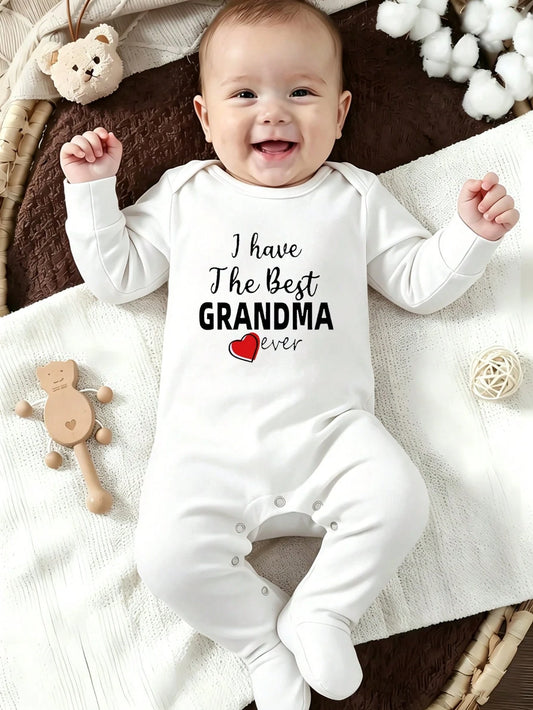 Unisex Baby Footed Romper I Have The Best Grandma Ever Red Heart Letter Print Long Sleeve Newborn Footie Jumpsuit Infant Autumn One Piece Outfit