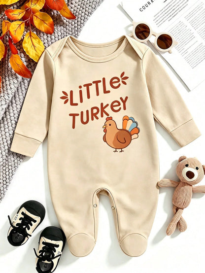 Unisex Baby Footed Romper Little Turkey Cute Thanksgiving Turkey Letter Print Newborn Footie Jumpsuit Infant Autumn One Piece Outfit