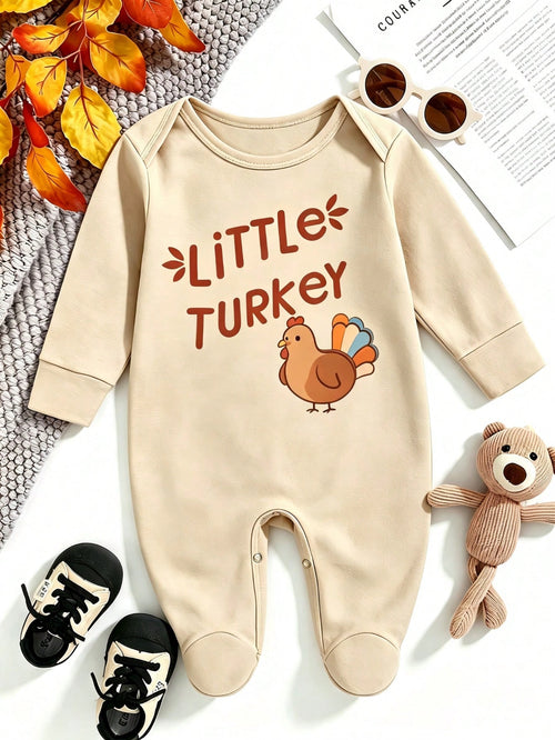Unisex Baby Footed Romper Little Turkey Cute Thanksgiving Turkey Letter Print Newborn Footie Jumpsuit Infant Autumn One Piece Outfit