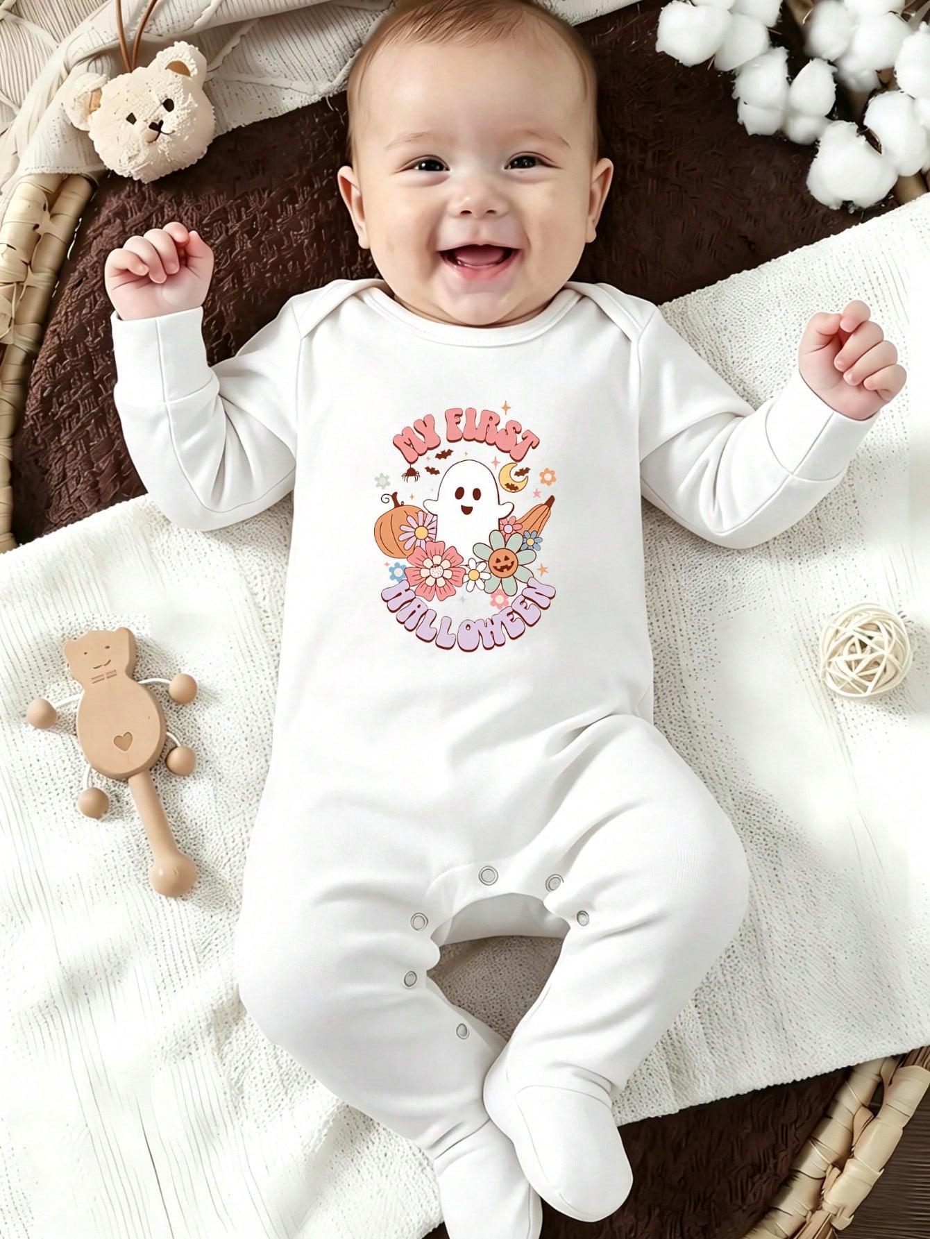 Unisex Baby Footed Romper My First Halloween Ghost Pumpkin Floral Print Long Sleeve Newborn Footie Jumpsuit Infant Autumn One Piece Outfit