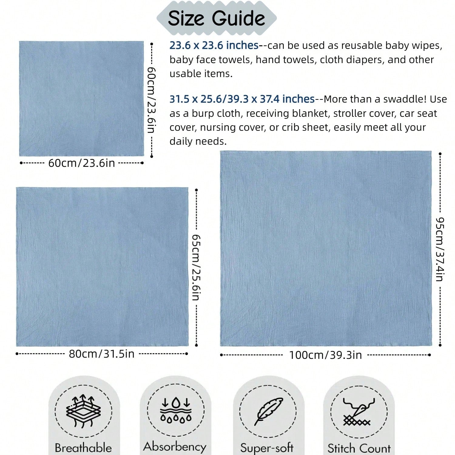 Unisex Baby Muslin Swaddle Blanket, Soft Absorbent Drool Bibs, Multi-Functional Blanket Can Be Used As Burp Cloth, Bib, Diaper, Stroller And Car Seat Cover, Suitable For Baby Boys And Girls, Breathabl
