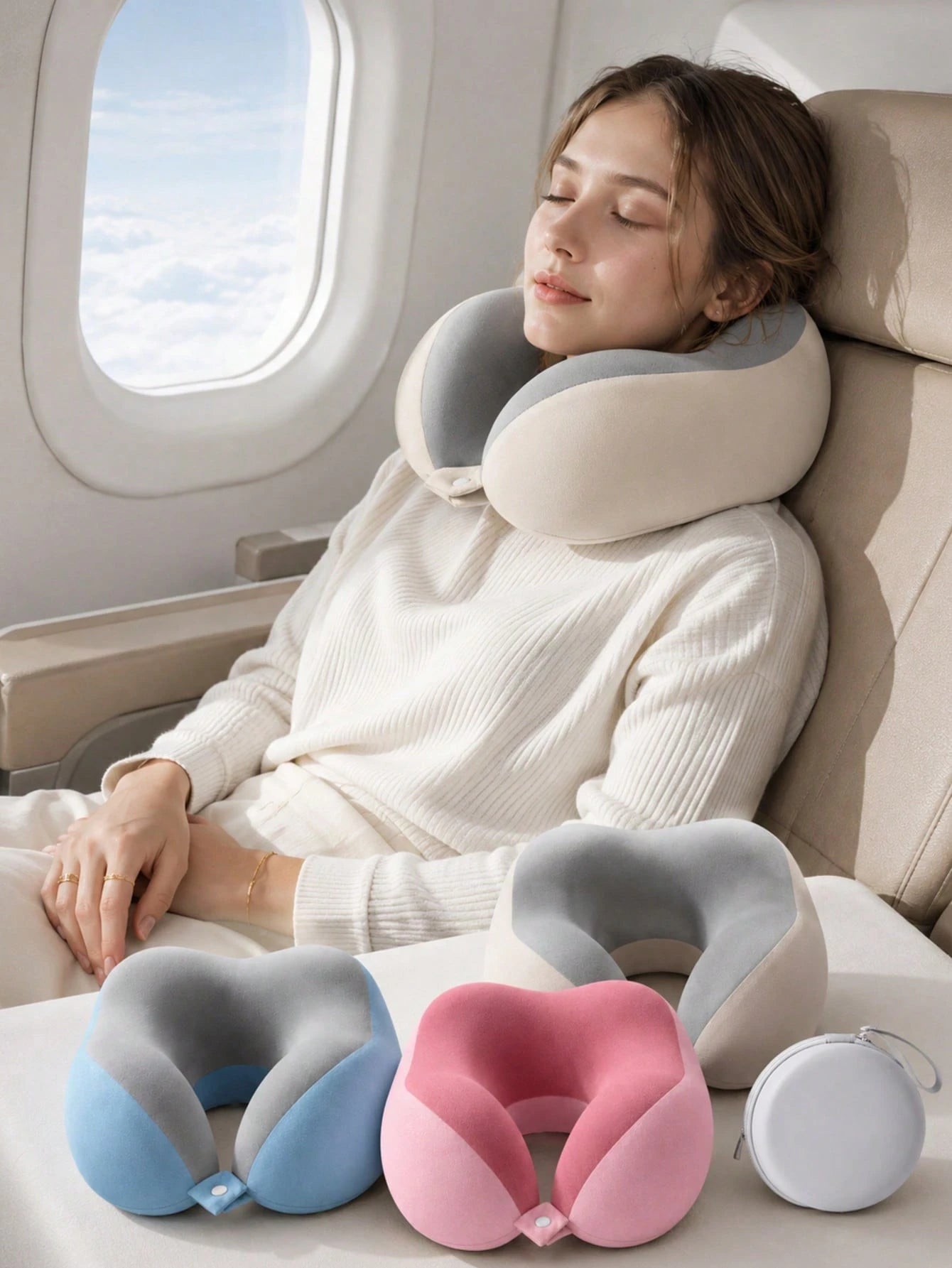 Unisex Ergonomic 360° Support Cloud-Feel Soft Memory Foam U-Shaped Travel Neck Pillow, Dual-Color Collapsible Snap-Button Camping Hiking Sleep Head Support Pillow, Minimalist Outdoor Adventure Style